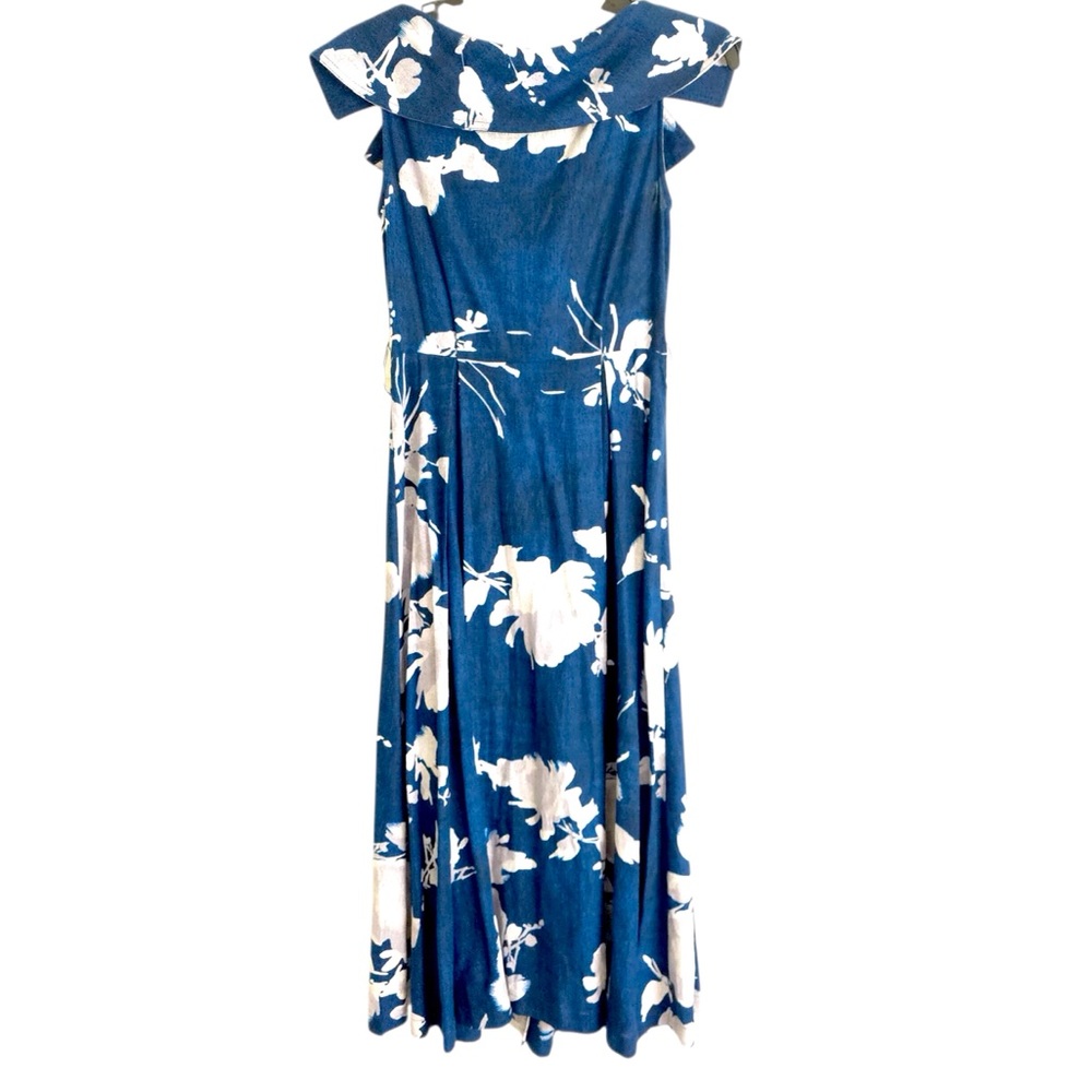 Donna Karan Floral Linen Blend Dress A Line Blue V Neck Button Front Size 2 - Picture 4 of 7